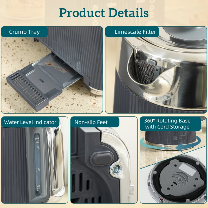 HOMCOM Electric Stainless Steel Kettle and Toaster Set, 3000W 1.7L UK Strix Thermostat Fast Boil Kettle w/ Limescale Filter, Cool Touch Body, 4 Slice Toaster with 7 Browning Levels, Crumb Tray, Grey