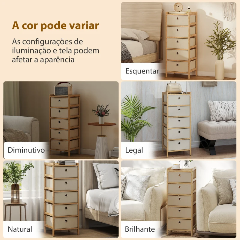 HOMCOM Cómoda com 5 Gavetas em Tecido, Estrutura de Bambu, Ideal para Espaços Pequenos, Creme e Madeira