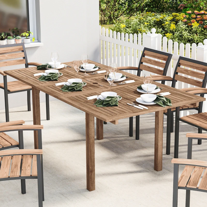 Outsunny Extending Garden Table, Outdoor Dining Table for 6-8 with Acacia Wood Slatted Tabletop for Balcony Porch