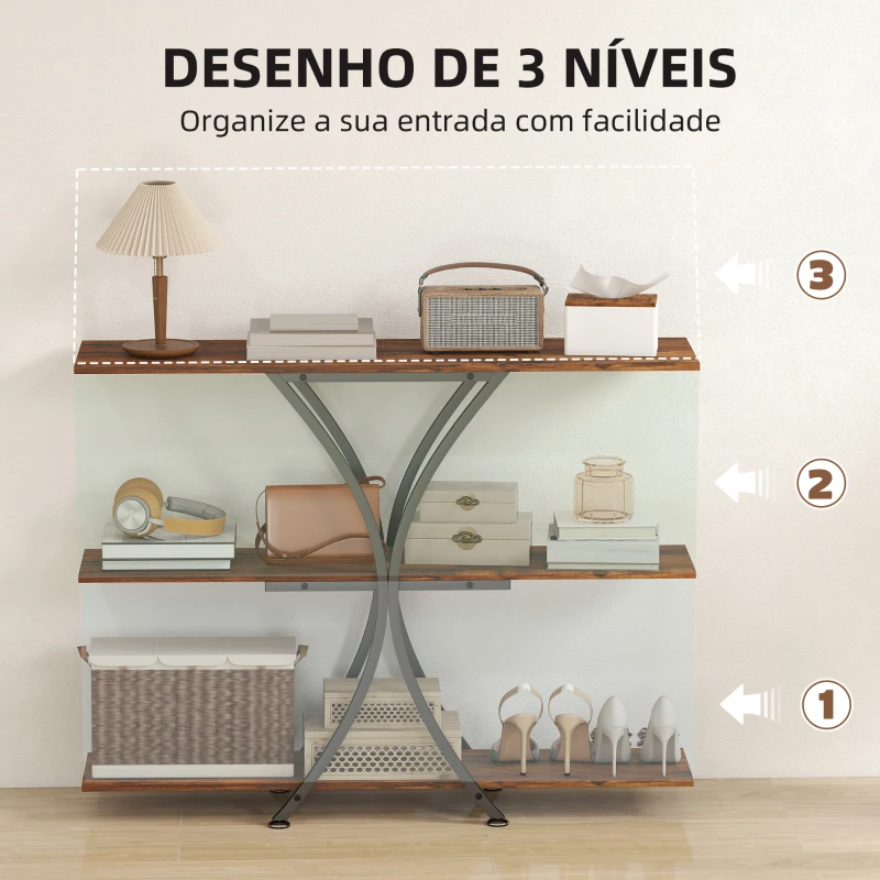 HOMCOM Mesa Consola de 3 Níveis Estilo Industrial com 2 Prateleiras Abertas e Estrutura Metálica em X Consola Estreita 110x30x91 cm Castanho Rústico