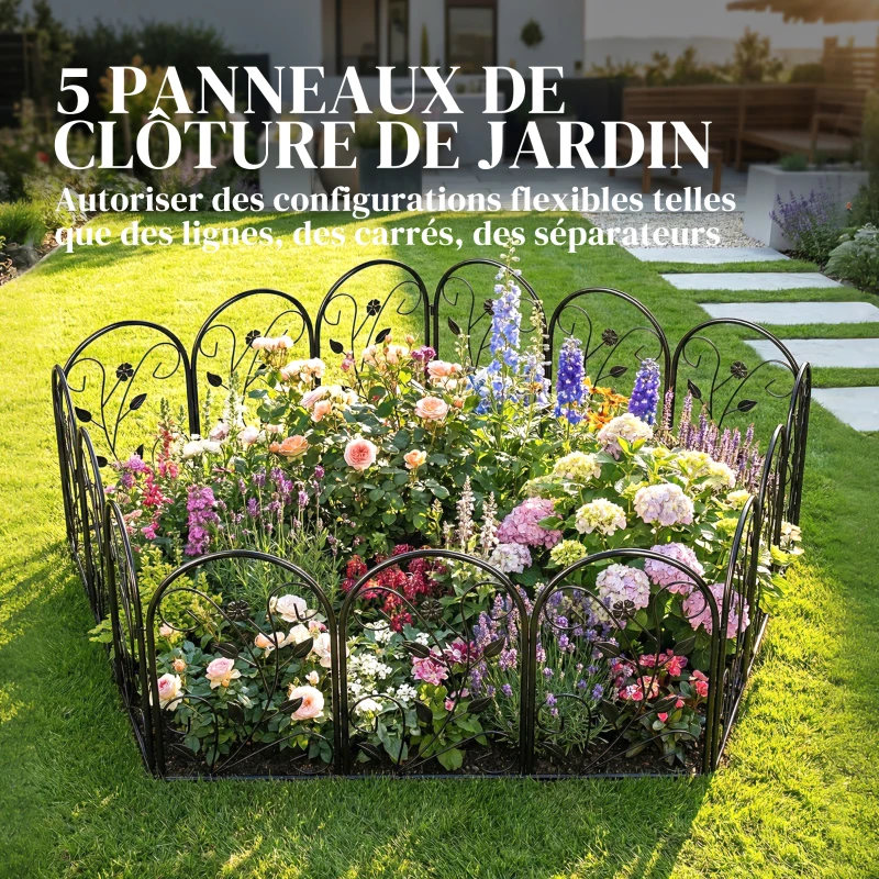 Outsunny Clôture de Jardin Décorative 5 Panneaux de 80x60 cm pour Animaux Fleurs Patio, Panneaux de Clôture Antirouille, Noir
