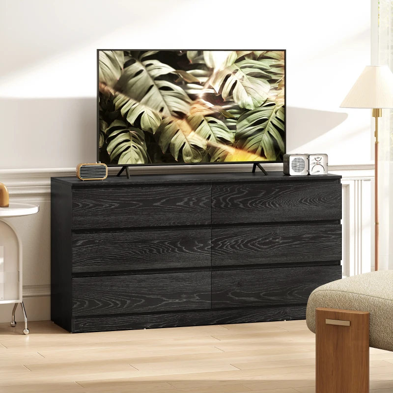HOMCOM Cómoda com 6 Gavetas Estilo Moderno 140x40x71 cm Preto com Efeito Madeira