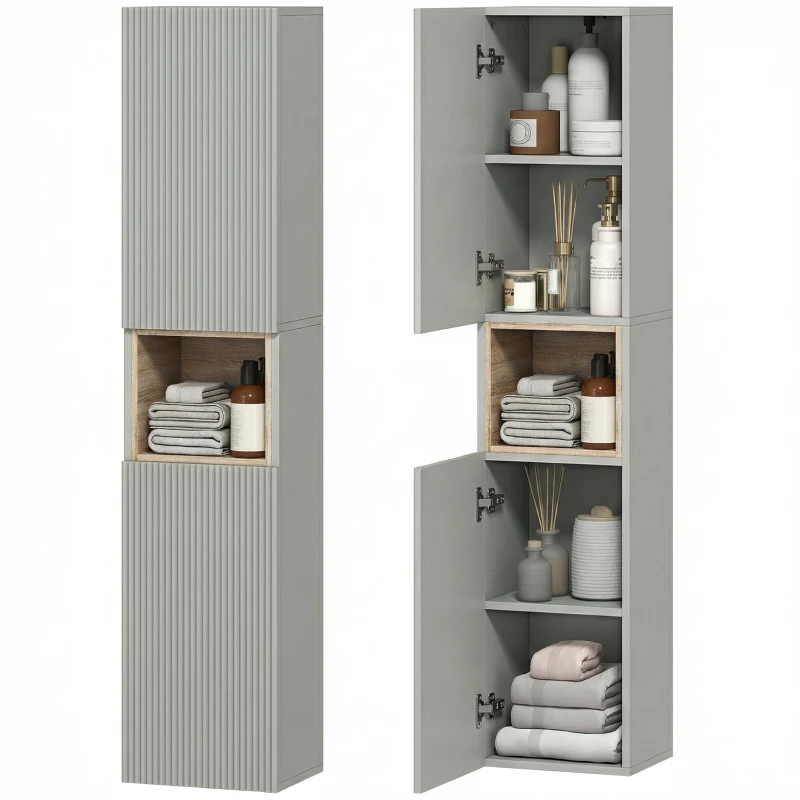 HOMCOM Armario de Baño Alto Estrecha con Estante Abierto y Estantes Ajustables 2 Puertas Acanaladas 30x24x140 cm Verde