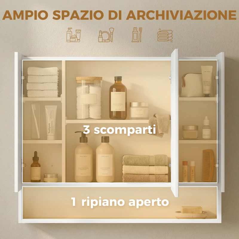 kleankin Specchiera Bagno con Armadietto 3 Ante Soft Close e Ripiani Regolabili, 90x15x75 cm, Bianco