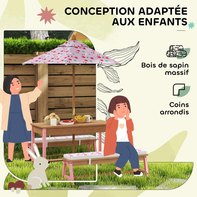 AIYAPLAY Table pique-nique enfant avec bancs, coussins, parasol pliable, boîtes de rangement amovibles, motif à flamant, rose