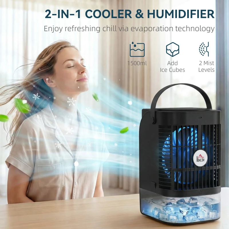 HOMCOM Portable Air Conditioner, 4-in-1 Mini Air Cooler with 4 Wind Speed, 2 Cool Mist, RGB 7 LED Light, Black