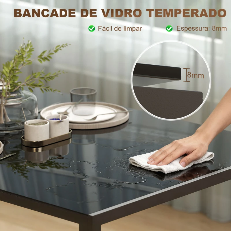 HOMCOM Mesa de Refeição de Vidro Mesa Retangular para 6 Pessoas com Pés de Metal  140x80x75 cm Preto