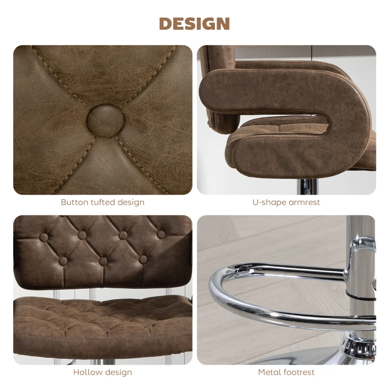 HOMCOM PU Leather Upholstered Swivel Bar Stool, Height Adjustable with Back, Armrest, Footrest, Coffee