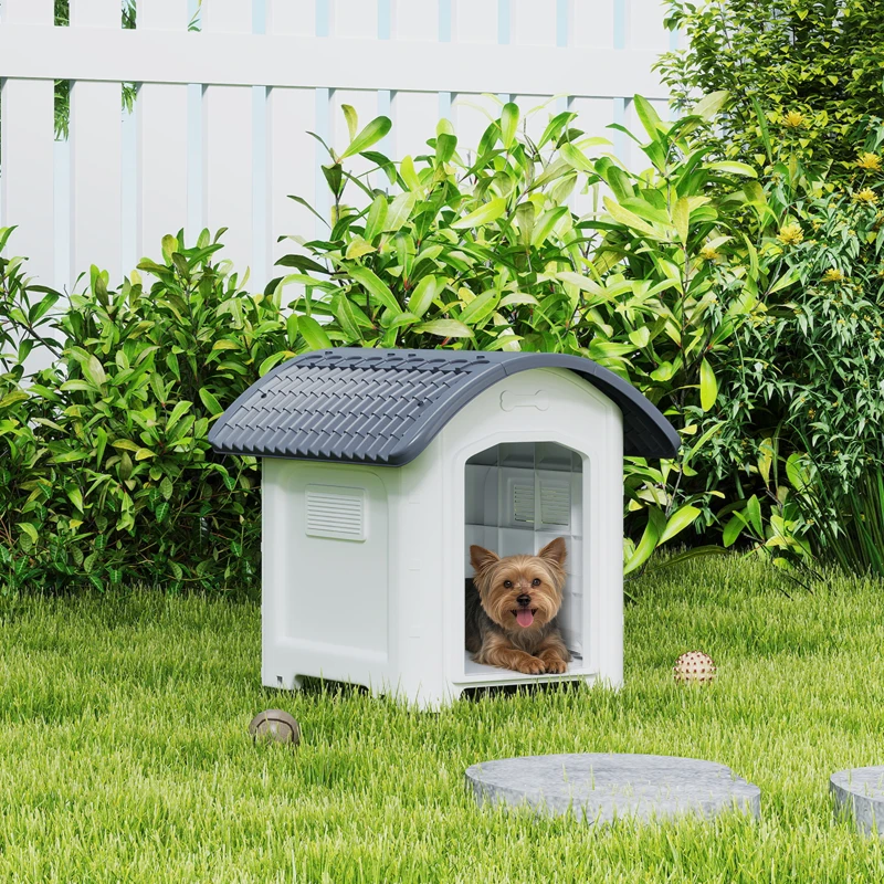 PawHut Niche pour Chien Extérieur, Maison pour Chien en Plastique avec Sol Surélevé et Amovible, Toit Imperméable, Gris