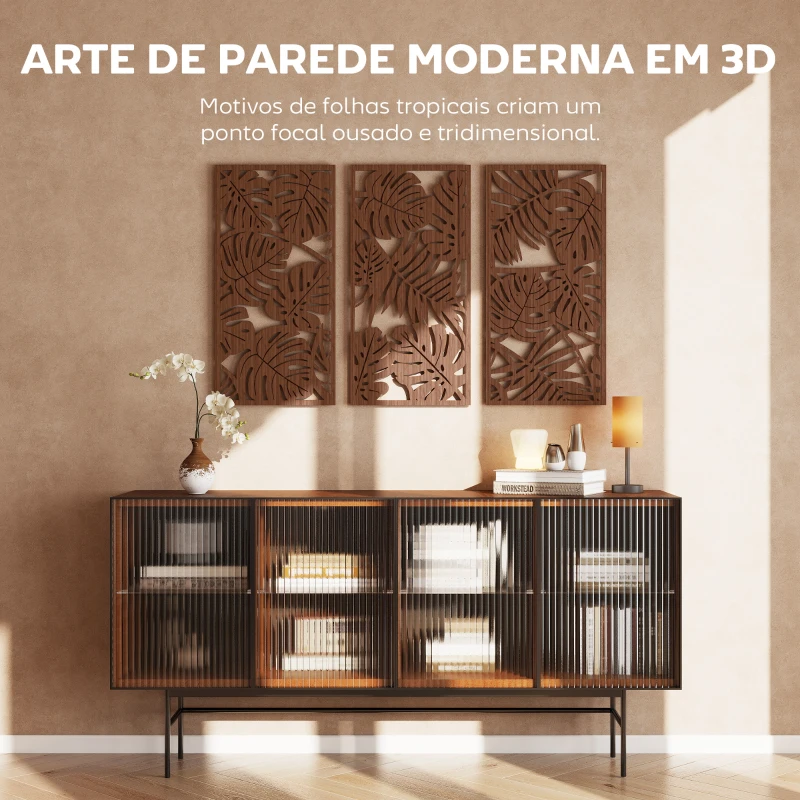 HOMCOM Decoração de Parede em Madeira 3D 3 Peças 40x80 cm Adornos de Parede com Padrão de Folhas Tropicais Nogueira