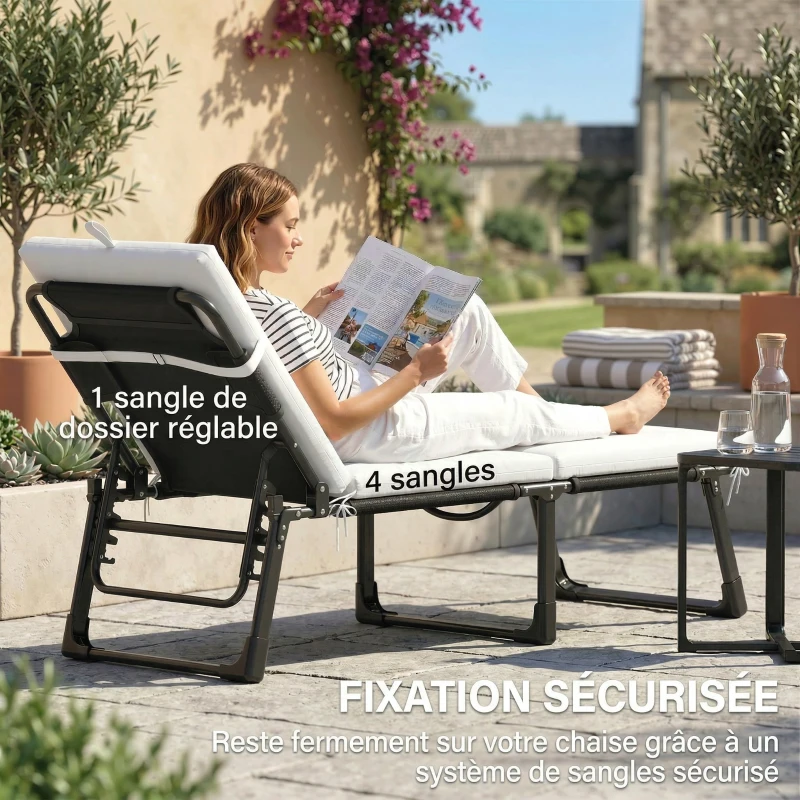 Outsunny Lot de 2 Coussins de Chaise Longue avec 5 Sangles et Poignée Intégrée, pour Plage Balcon Jardin, 182x53x6cm, Gris Clair