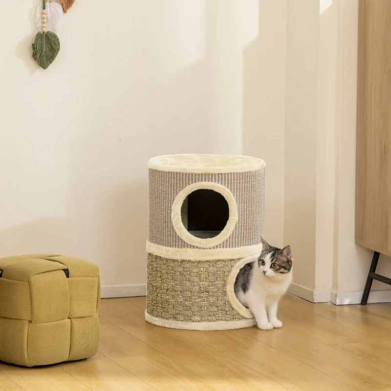 PawHut Arranhador em Forma de Cilindro para Gatos com 3 Níveis Plataforma e Caverna Confortável 37,5x37,5x70 cm Caqui e Bege