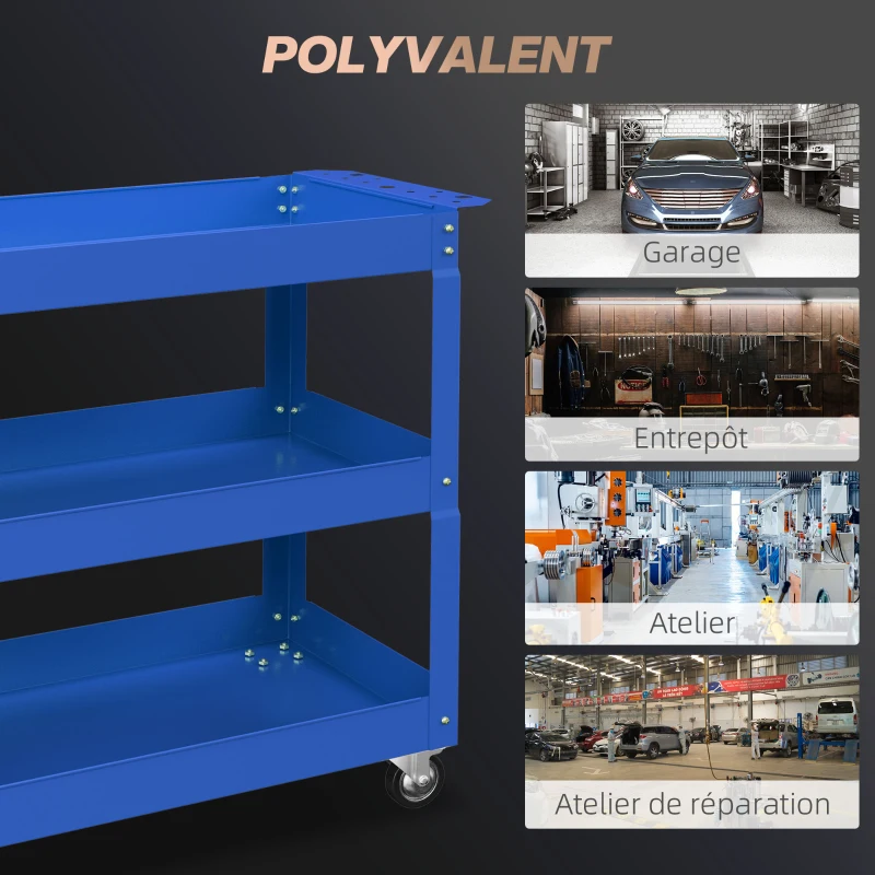 DURHAND Chariot desserte d'atelier acier 3 plateaux sur roulettes avec poignée charge max. 150 kg 83 x 35,3 x 76 cm acier bleu