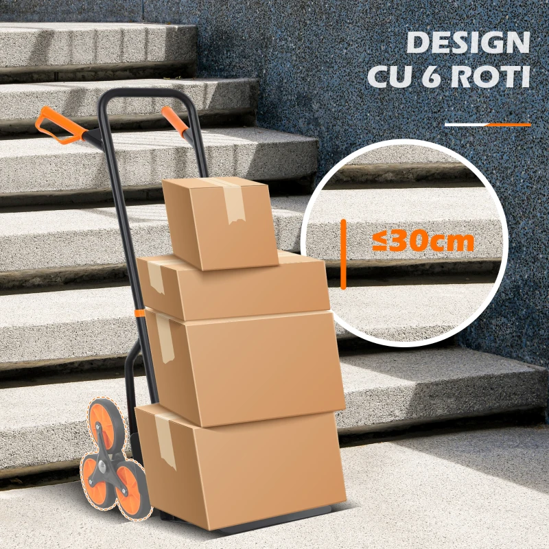DURHAND Cărucior de Transport pentru Scări cu 6 Roți, Pliabil, Capacitate 120kg, Cadru din Oțel, Mâner PP, pentru Mutări, Grădinărit, Obiecte Grele, Portocaliu