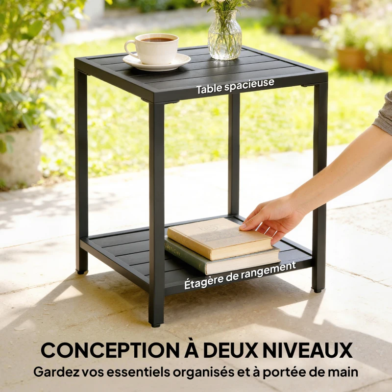 Outsunny Table basse extérieure à 2 niveaux en métal, table de jardin carrée avec étagère de rangement, 45 x 45 x 54 cm, noir