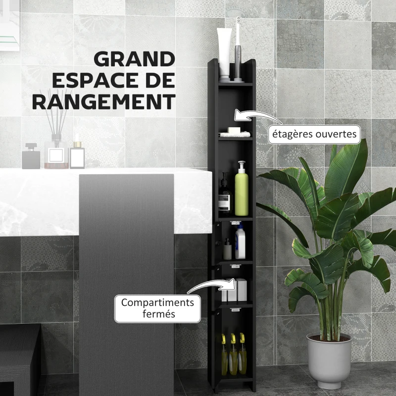 kleankin Meuble colonne de salle de bain armoire toilette haute avec étagères et placards - 15 x 17 x 120 cm noir