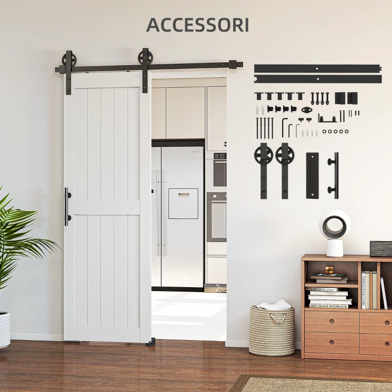 HOMCOM Porta Scorrevole in Stile Country con Binario e Maniglia in Legno e Acciaio, 71.5x213.4 cm, Bianco e Nero