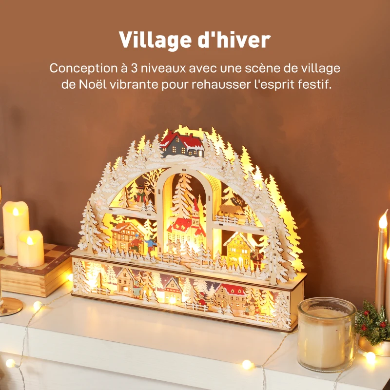 HOMCOM Village de Noël lumineux avec 20 LED, village de Noël animé en arc, fonctionne sur piles, 45 x 10 x 35 cm, bois naturel