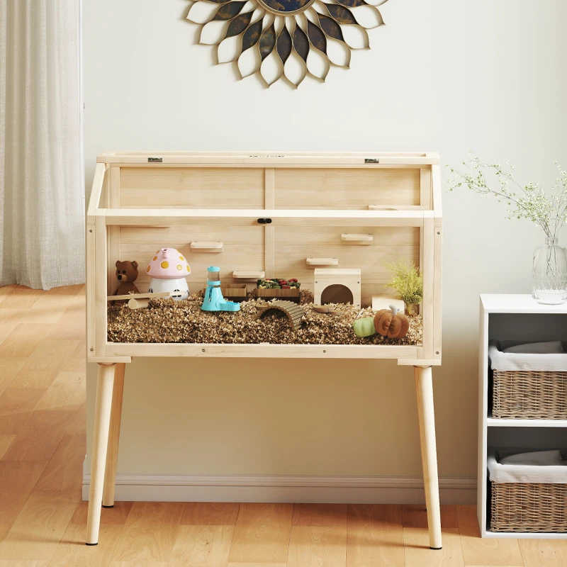 PawHut Cage hamster habitats pour rongeur bois FSC toit ouvrable 7 plateformes 2 balançoires 110x52x101cm effet bois naturel