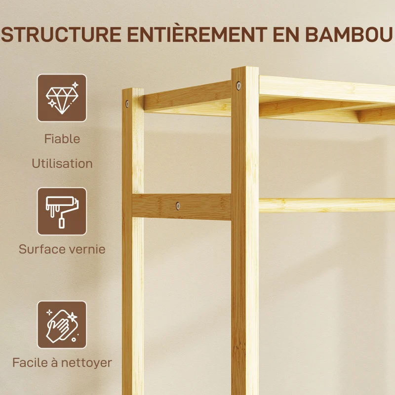 HOMCOM Portant à vêtements à roulettes, porte-manteau en bambou avec 2 étagères et tringle suspendue, 70x35x175cm, bois naturel