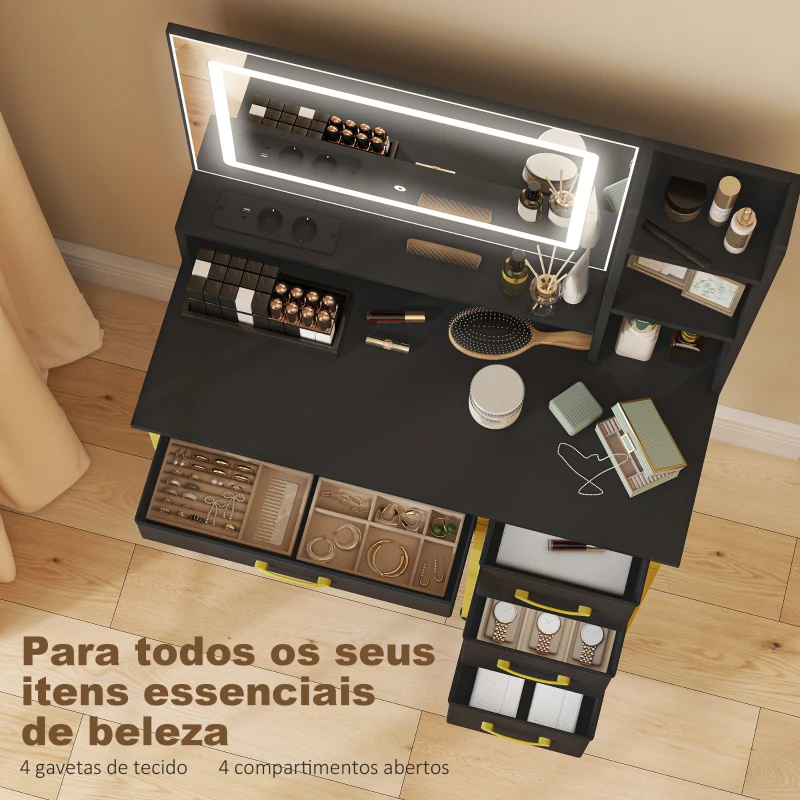 HOMCOM Toucador de Maquilhagem com Espelho, Luzes LED Estação de Carregamento 4 Gavetas e Banco 88x40x134 cm Preto