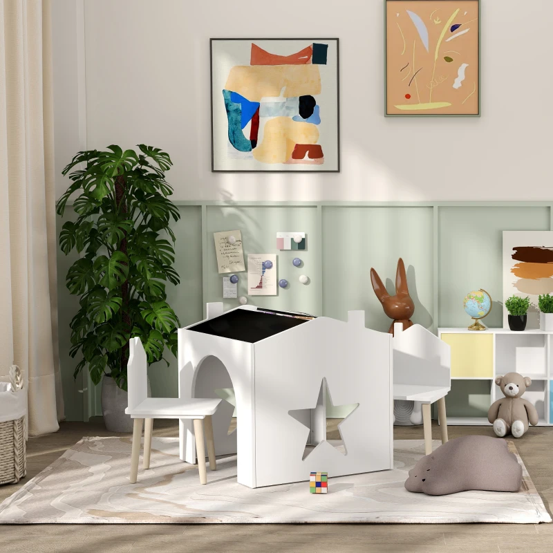 AIYAPLAY Ensemble 1 table et 2 chaise 3 pièces pour enfants, plateau de tableau noir, MDF et pieds en pin, pour 3-8 ans, blanc