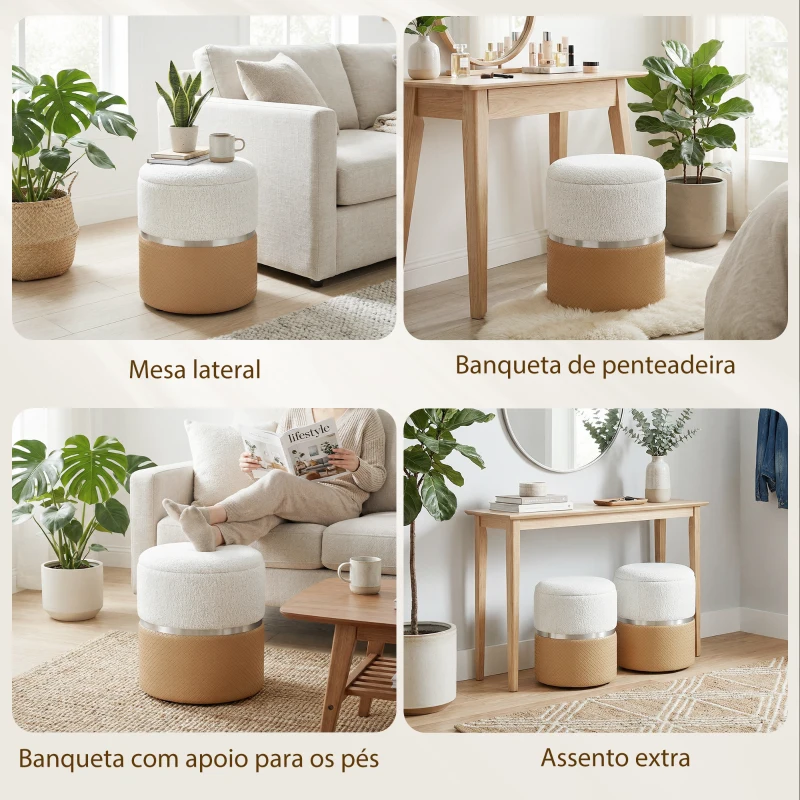 HOMCOM Conjunto de 2 Puffs de Armazenamento Estofados em Chenille e PU Assento Acolchoado para Entrada Quarto ou Sala Castanho e Creme
