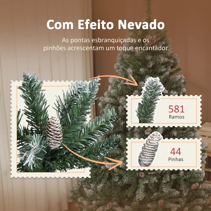 HOMCOM Árvore de Natal Artificial 150 cm Árvore de Natal com 581 Ramos com Efeito Neve 44 Pinhas Verde