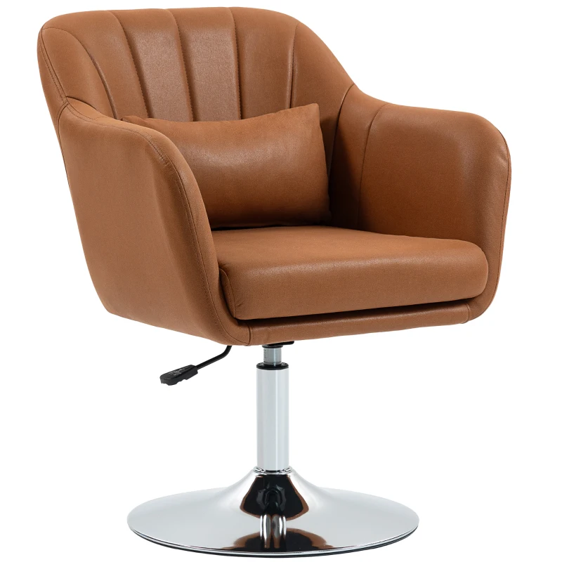 HOMCOM Swivel Accent Chair, Linen Fabric Tub Vanity Chair, Modern Armchair with Adjustable Height and Lumbar Support for Living Room Bedroom Salon Make up Room Dressing Table, Brown