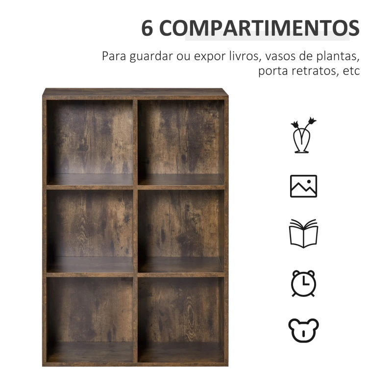 HOMCOM Estante de 3 Níveis Prateleira para Livros com 6 Cubos de Arrumação para Escritório 65,5x30x97,5 cm Castanho Rústico