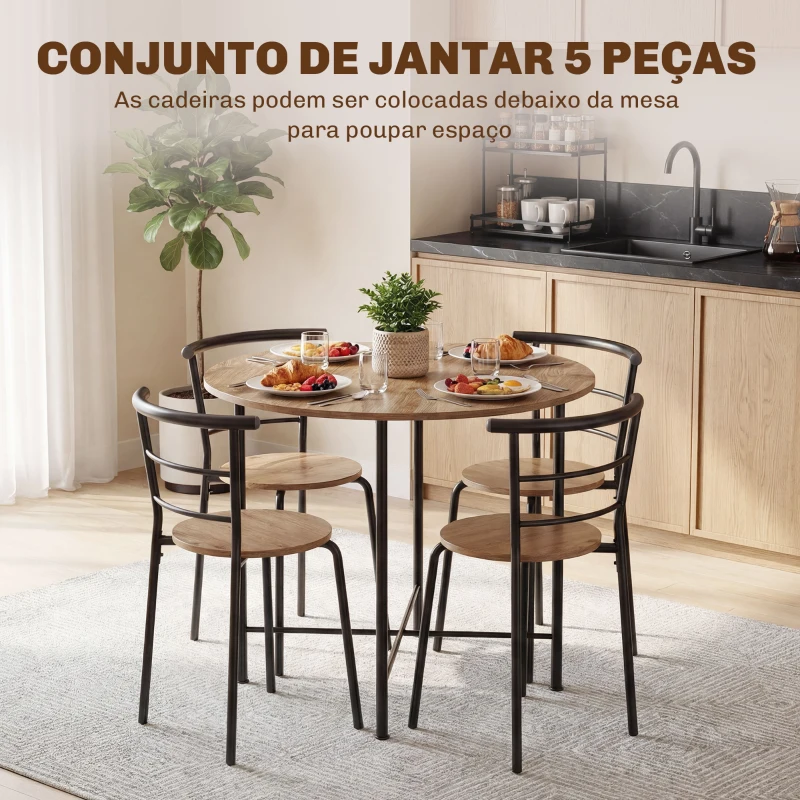 HOMCOM Conjunto de Mesa e Cadeiras de Refeição Mesa de Cozinha Redonda com 4 Cadeiras Estilo Industrial Madeira e Preto