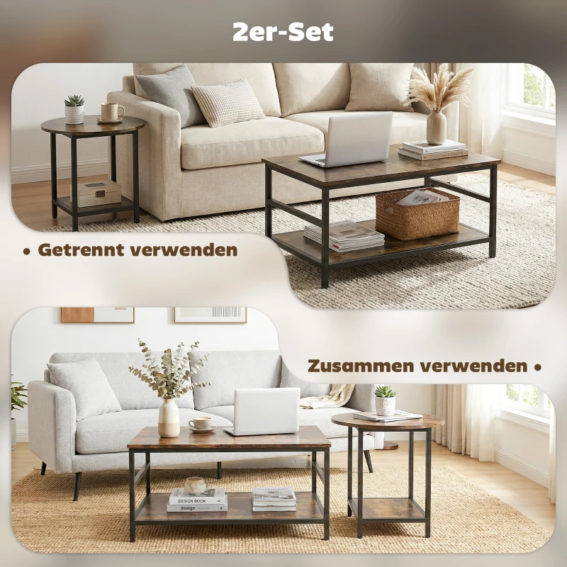 HOMCOM Salontafel-set, 2-delig, rechthoekige en ronde tafel met 2-niveaus opbergruimte, rustiek bruin