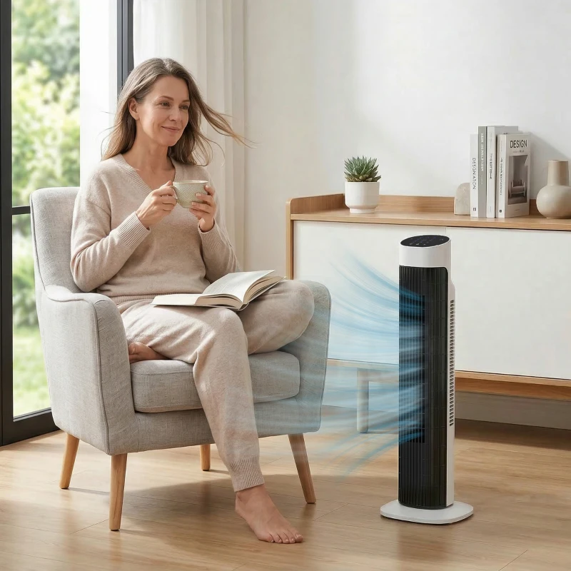 HOMCOM Ventilateur colonne, ventilateur tour pour chambre, oscillant 70°, écran LED, télécommande, minuterie 12H, blanc et noir