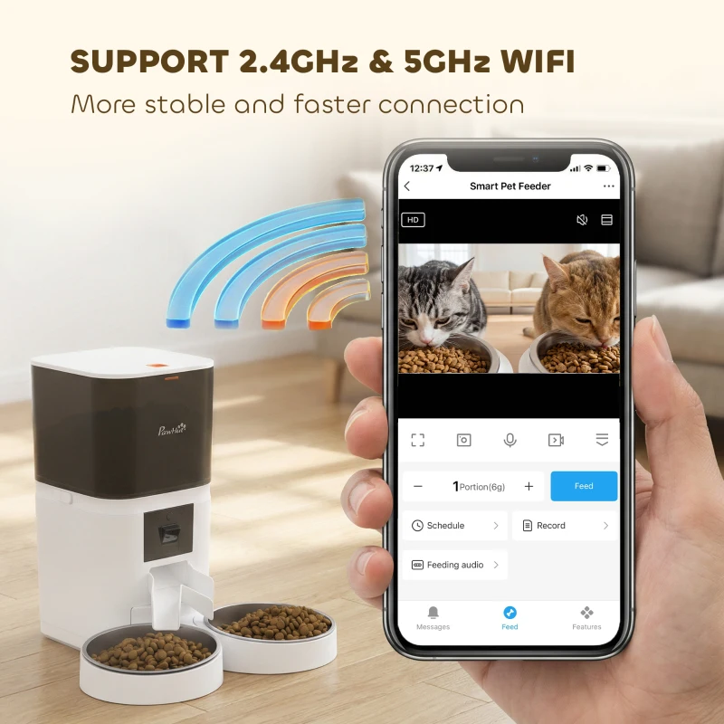 PawHut Automatic Cat Feeder for 2 Cats with HD Camera，2.4G & 5G WiFi Pet Food Dispenser 6L APP Control