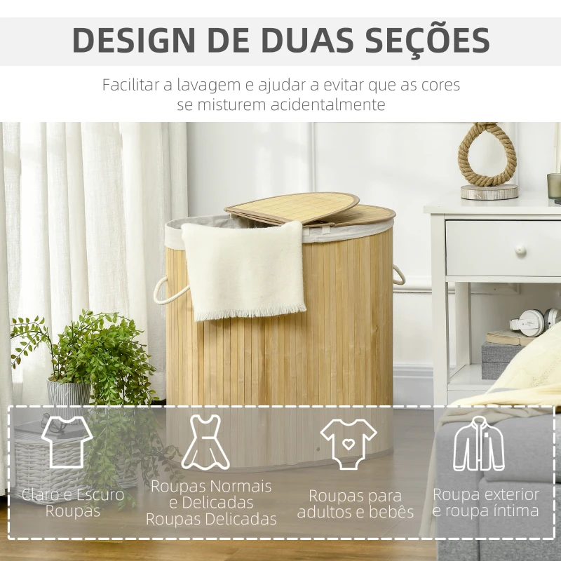 HOMCOM Cesto de Roupa Suja de Bambu 100L com 2 Compartimentos e Forro Removível 62,5x37x60,5 cm Madeira