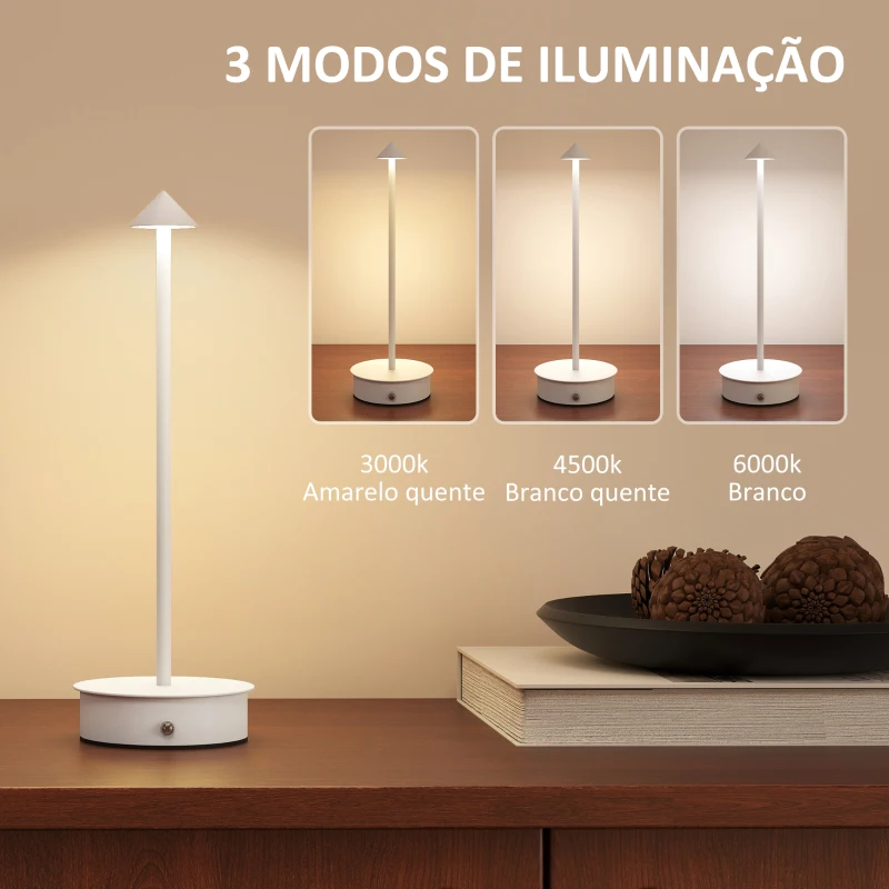 HOMCOM Conjunto de 2 Candeeiros de Mesa Recarregáveis por USB Reguláveis com Controlo Táctil 3000K/4500K/6500K Ø10x30 cm Branco