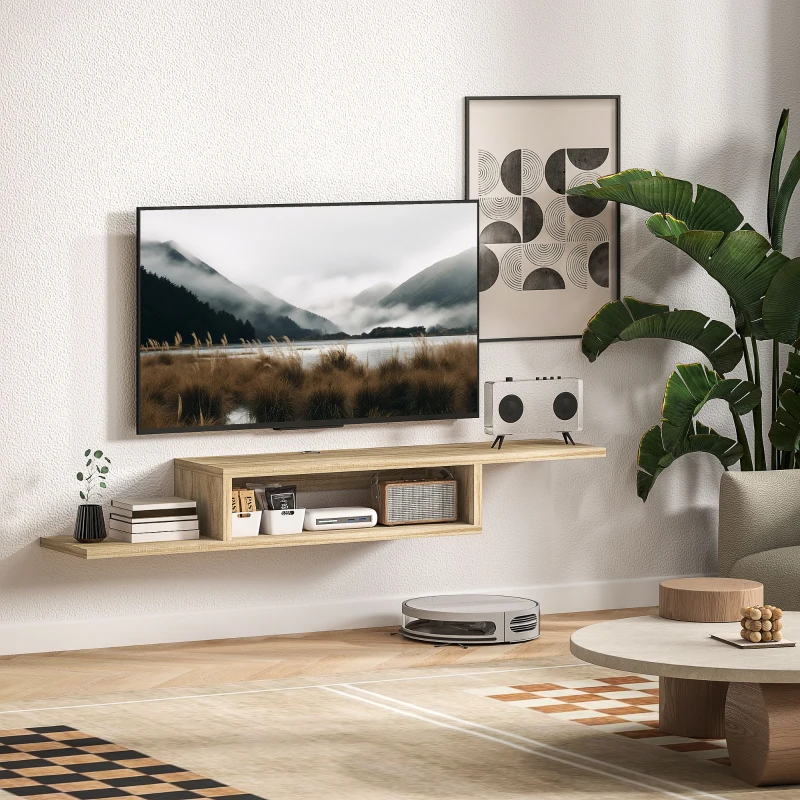 HOMCOM Meuble TV mural flottant suspendu support TV - étagère murale flottante - niche, passe-fils - chêne clair