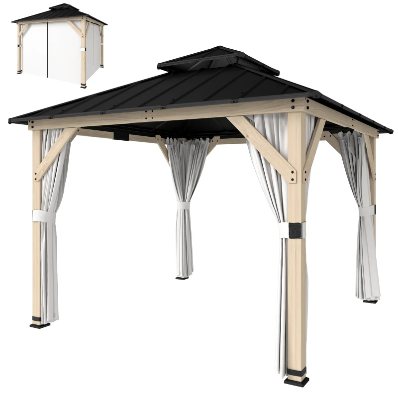 Outsunny 3 x 3 m Outdoor Hardtop Gazebo Canopy with 2-Tier Steel Roof, Wood Garden Gazebo with Curtains, Light Grey