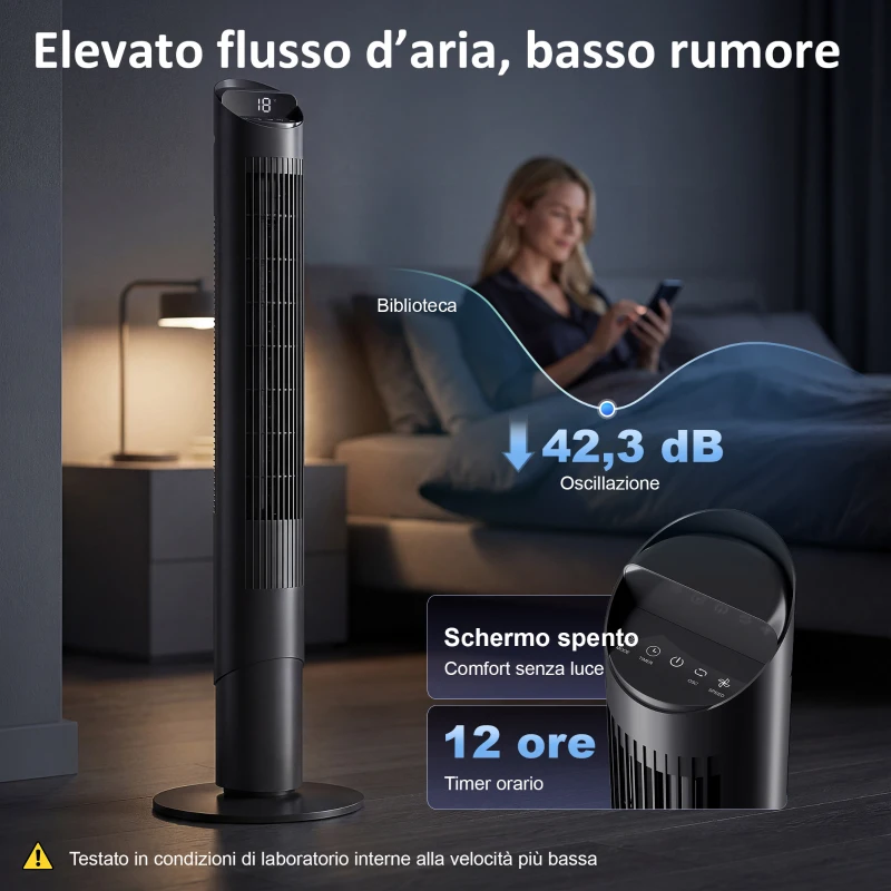 HOMCOM Ventilatore Torre 116 cm, ventilatore WiFi app controllo, camera letto, colore nero