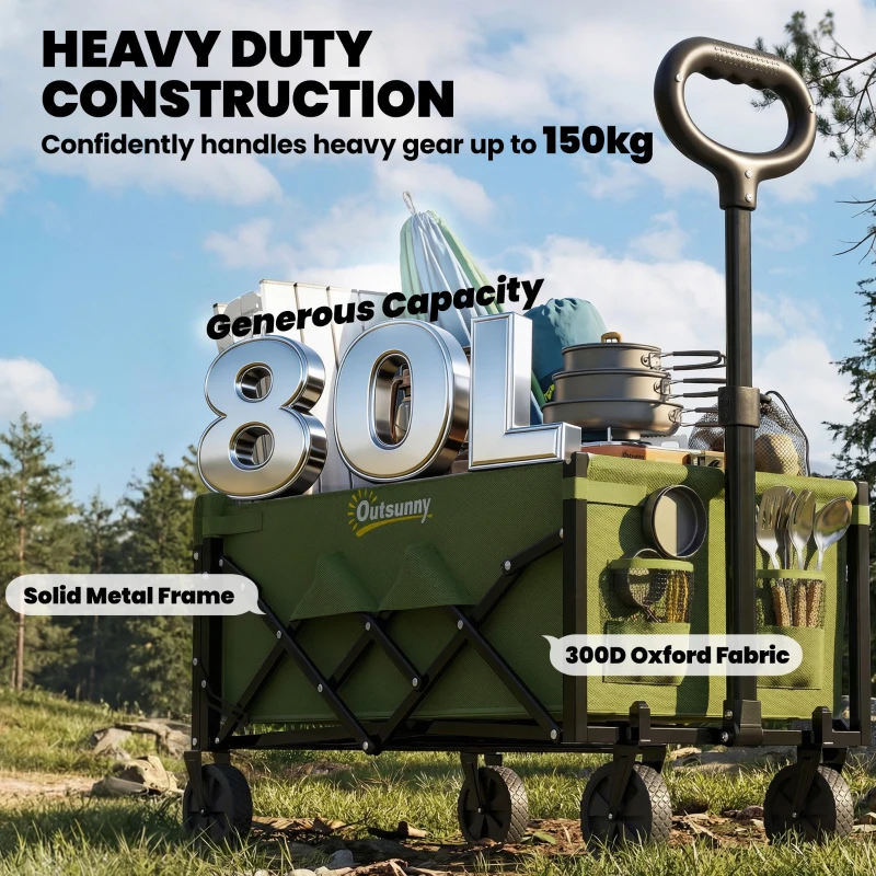 Outsunny 60L Foldable Festival Trolley on Wheels, Collapsible Wagon Cart with Drop-Down Tailgate, Adjustable Handle, Green