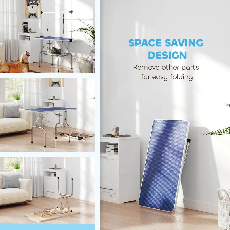 PawHut 42" Dog Grooming Table, Adjustable Pet Cat Drying Beauty Table with 2 Loops Storage Basket, Rubber Top, Blue