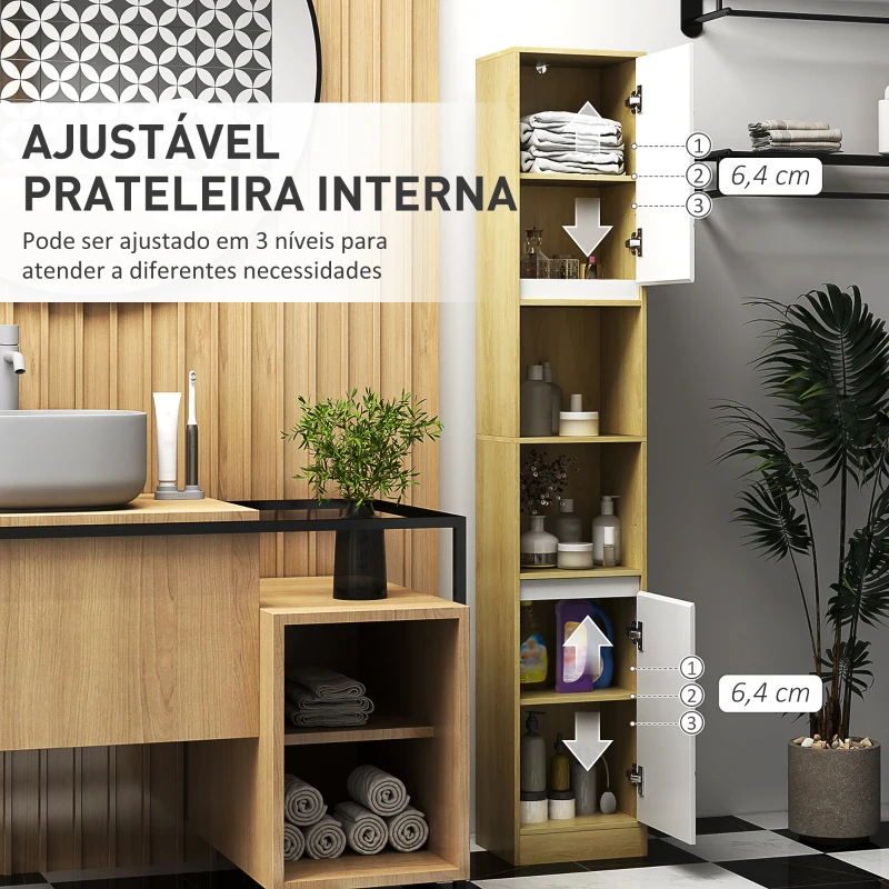 HOMCOM Coluna Casa de Banho com 2 Prateleiras Abertas Armário Alto para Casa de Banho 30x24x170 cm Madeira e Branco