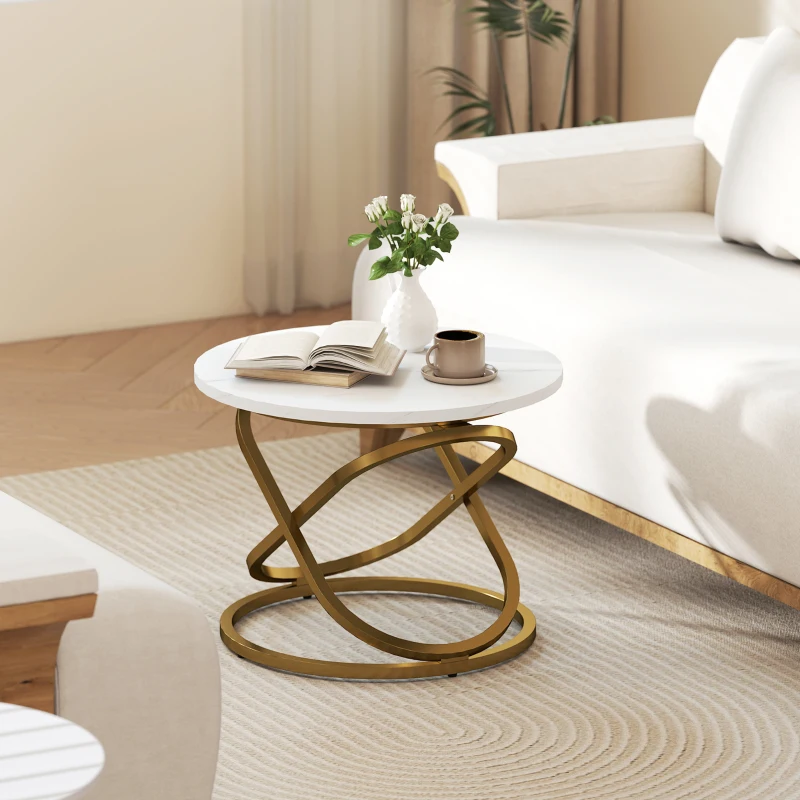 HOMCOM Table basse ronde style industriel en métal Doré et Plateau Effet Marbre - dim. Ø 60 x 46H cm