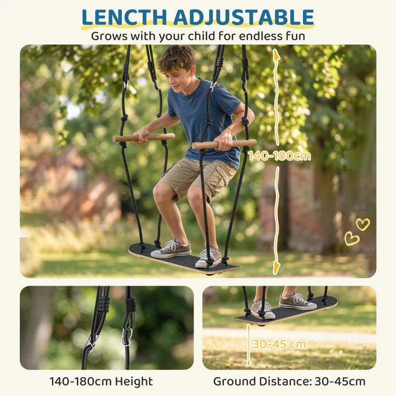 AIYAPLAY Huśtawka deskorolkowa z regulacją wysokości, antypoślizgową deską, wodoodporną liną, uchwytami, Czarna