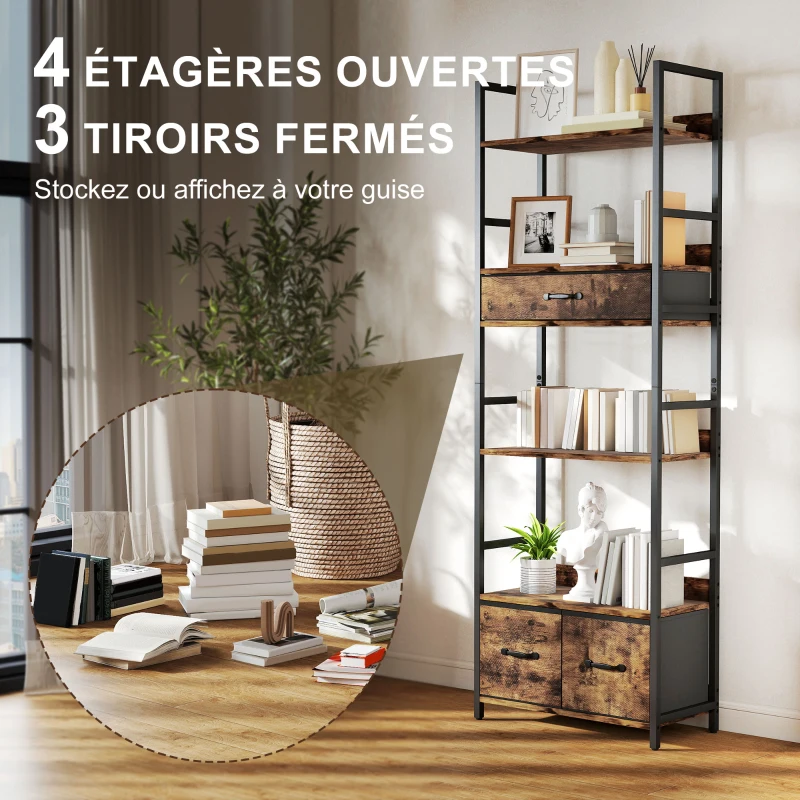 HOMCOM Bibliothèque étagère de rangement à 6 niveaux avec 4 étagères, 3 tiroirs en tissu, 60x30x176cm, brun rustique