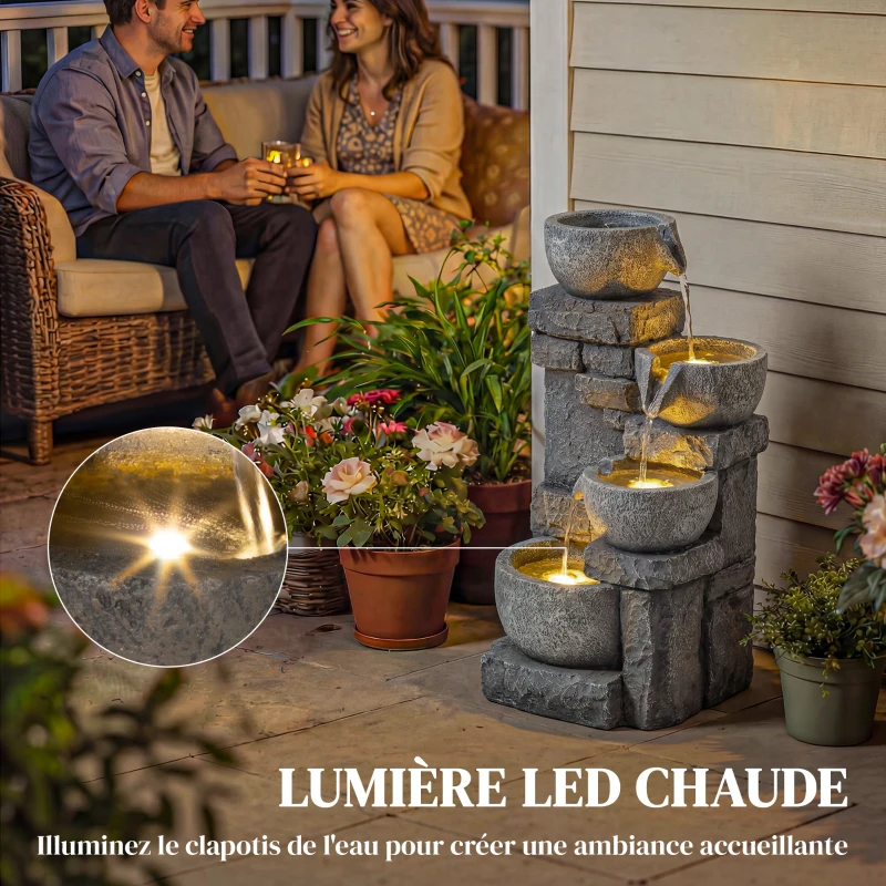 Outsunny Fontaine de Jardin Cascade 4 Niveaux Décoration Effet Pierre et Brique avec Éclairage LED 28 x 25 x 54,5 cm Gris