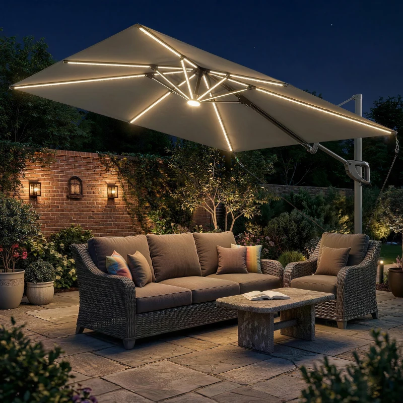 Outsunny 3 x 3 m Garden Cantilever Parasol w/ Light, Cover, UPF50+ Patio Umbrella w/ Wind Protection, 360° Rotation, Dark Grey