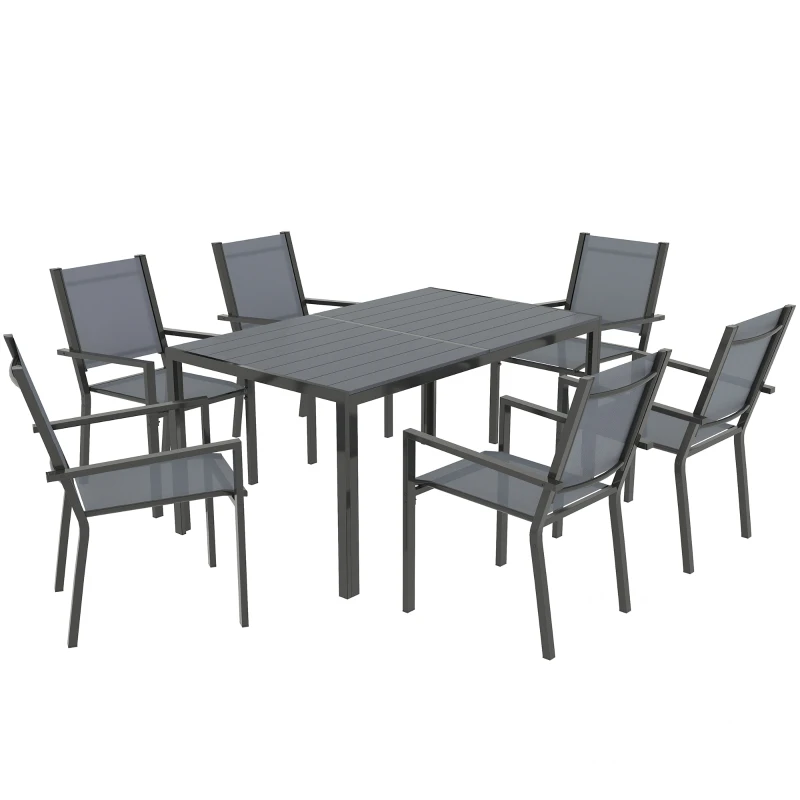 Outsunny Table de jardin extérieure avec 6 chaises empilables, plateau à lattes 150 cm, structure en acier anti-rouille, gris