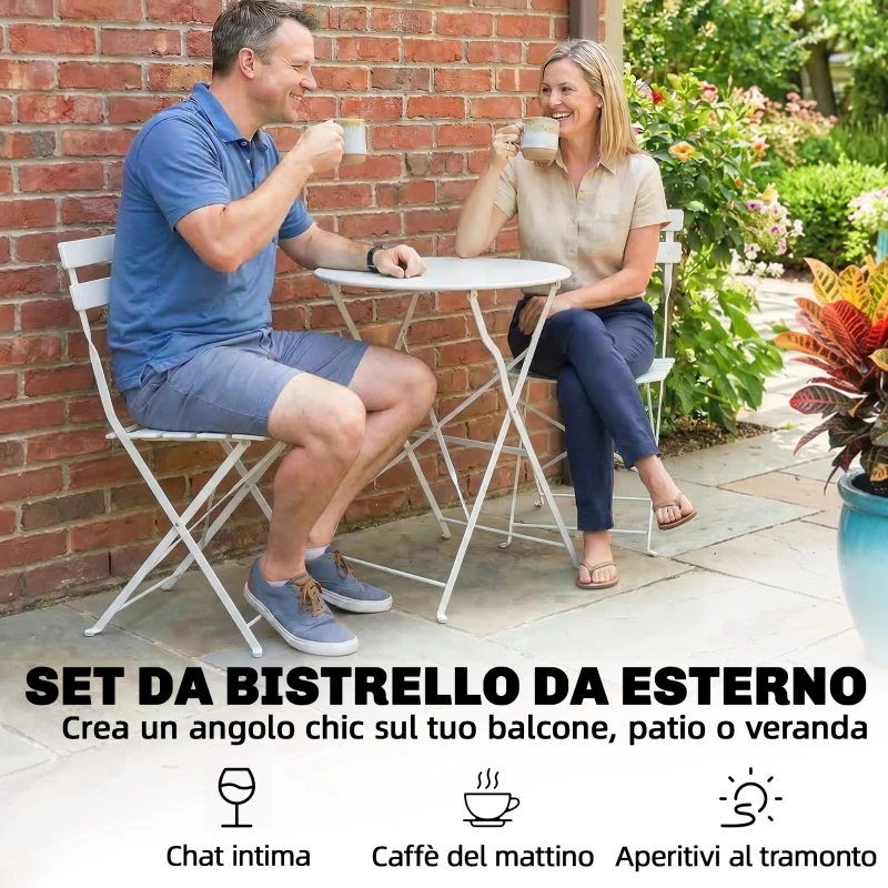 Outsunny Set Bistrò da Esterno Pieghevole con Tavolo e 2 Sedie, Bianco
