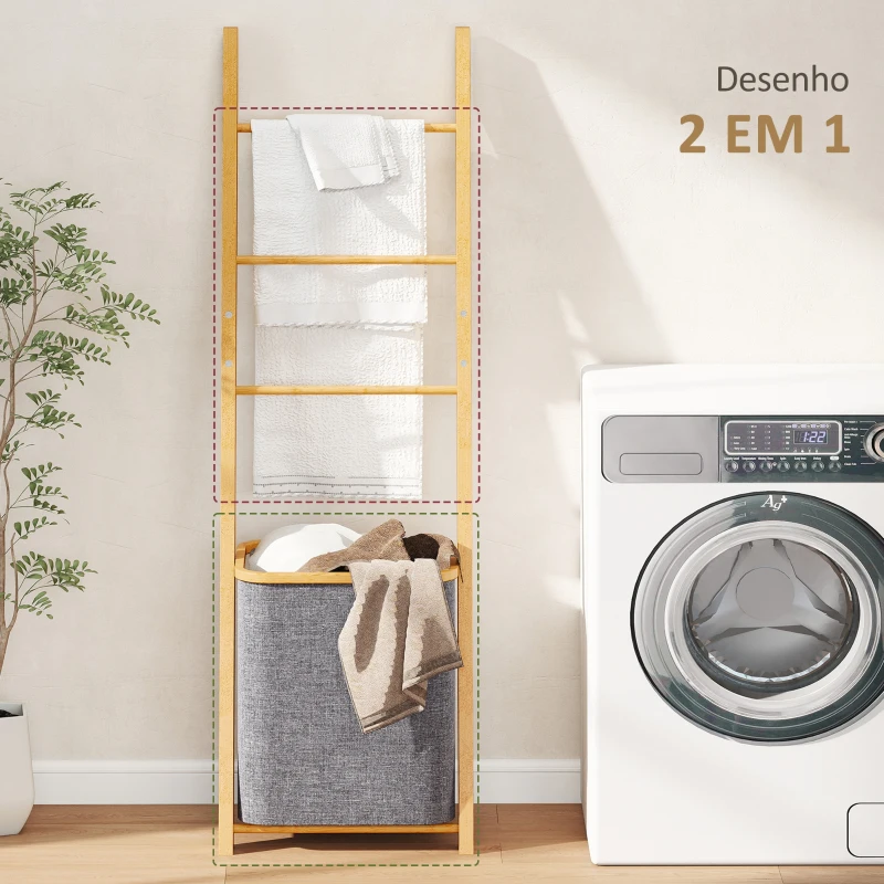 HOMCOM Estante para Casa de Banho de Bambu com 3 Barras e Cesto para Roupa Suja Removível de 48 L 43x35x133 cm Cinzento